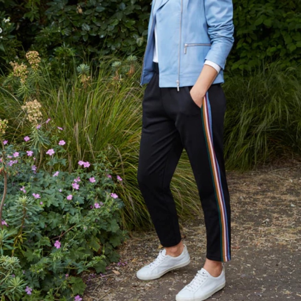 Sunset + Spring black ankle track pants with rainbow side stripe Size XS